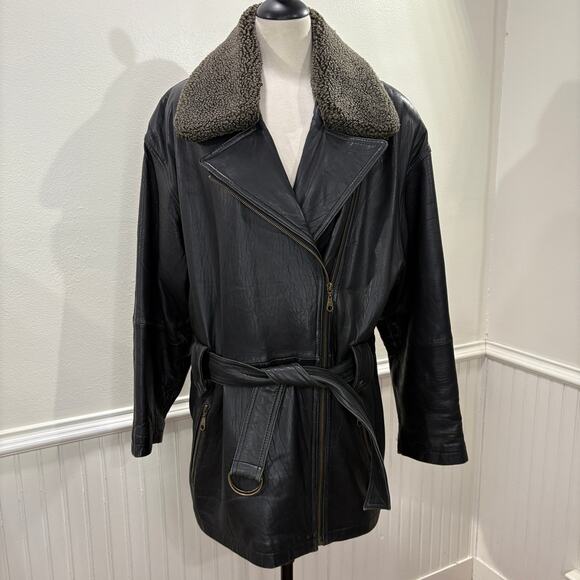 Express Size M Leather Coat Vintage Thinsulate Belted Removable Sherpa Collar - Picture 2 of 16